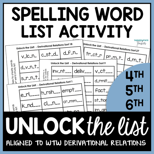 Spelling word list fill-in-the-blank activities for 4nd to 6rd grades using Derivational Relations sorts words their way