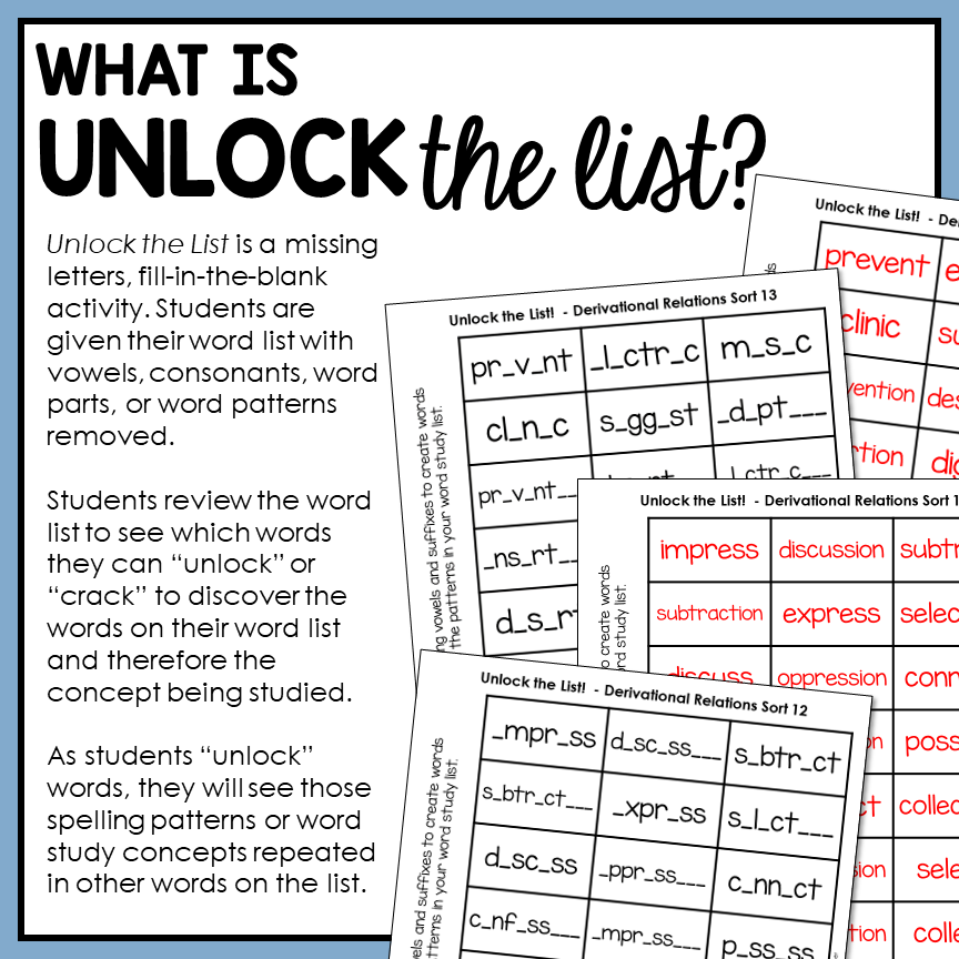 Educational activity sheets titled 'Unlock the List' with text and word puzzles.