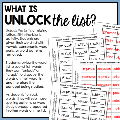 Educational activity sheets titled 'Unlock the List' with text and word puzzles.