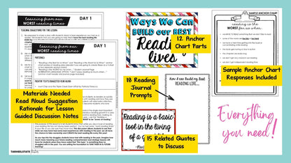 Launching Reader's Workshop kit includes anchor charts, reading journal prompts, quotations to analyze and discuss, read aloud suggestions, and lesson plans