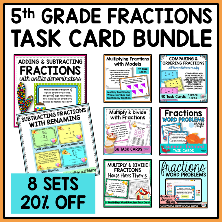 Fractions Word Problems Task Cards Activities or Math Centers Mega Bundle