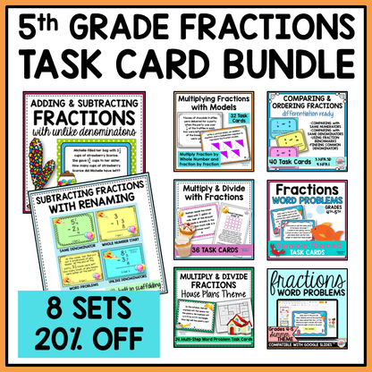 Fractions Word Problems Task Cards Activities or Math Centers Mega Bundle