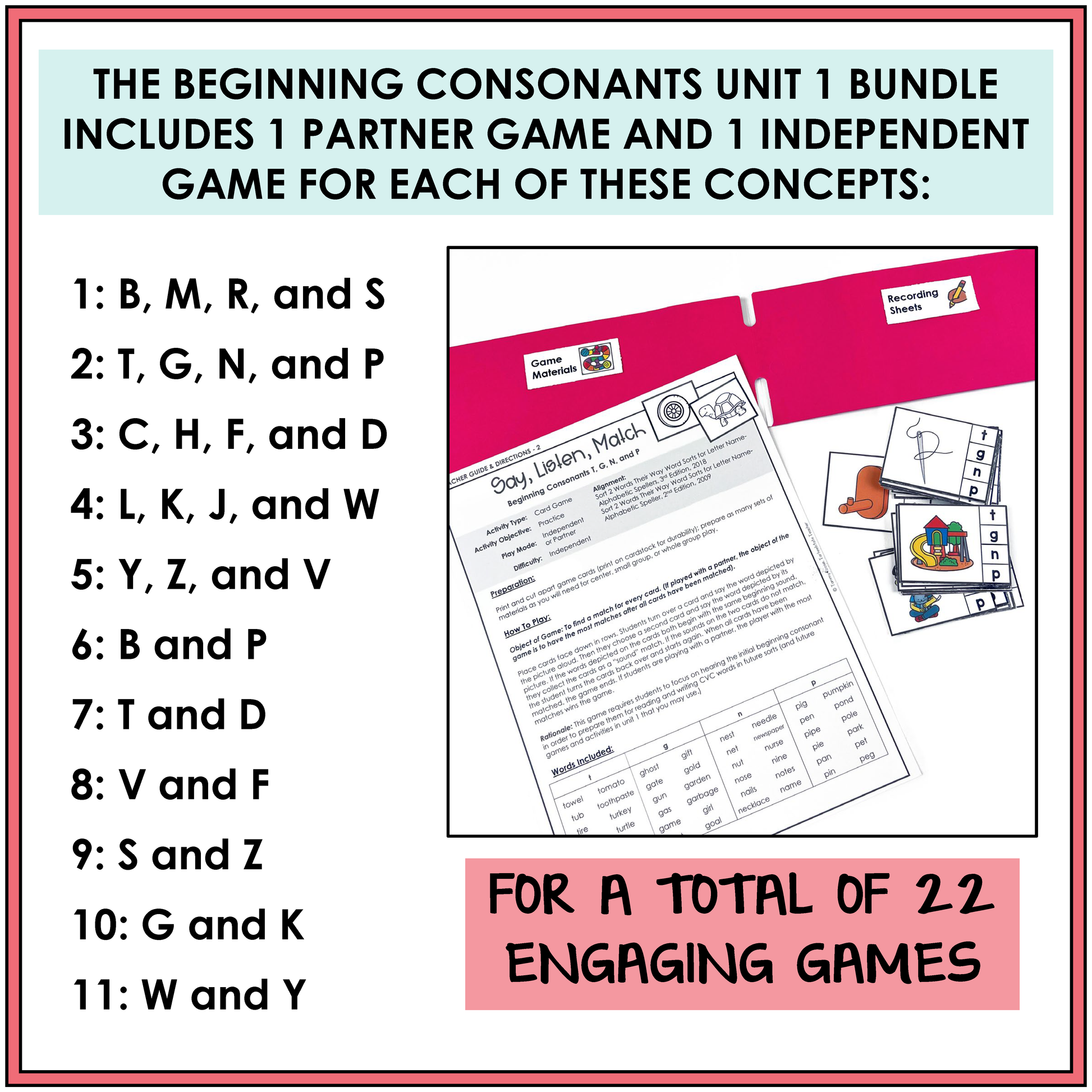 Educational materials for beginning consonants with games and activities.