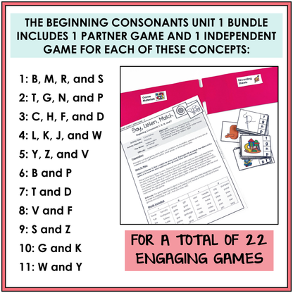 Educational materials for beginning consonants with games and activities.