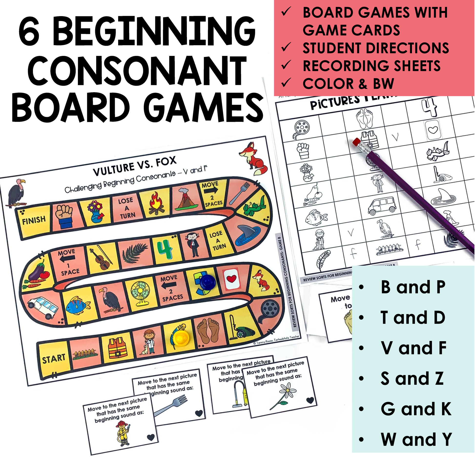 Beginning consonant board games with game cards, student directions, and recording sheets.
