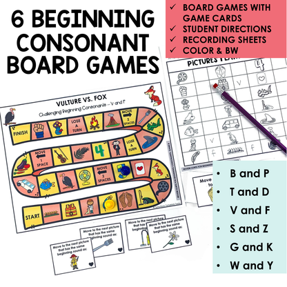 Beginning consonant board games with game cards, student directions, and recording sheets.