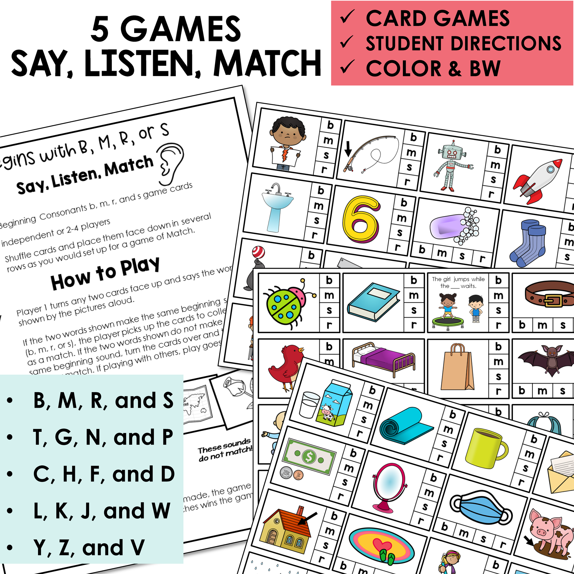Educational card games for learning consonants with directions and color options.