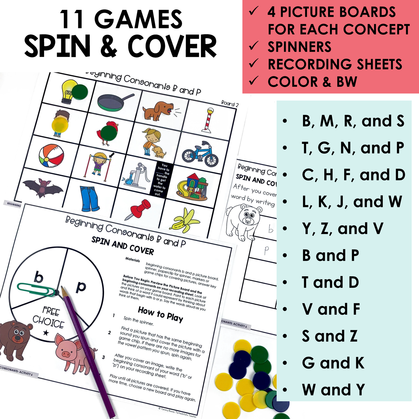 Spin and Cover educational game set with picture boards, spinners, and recording sheets for helping students practice beginning consonant sounds.