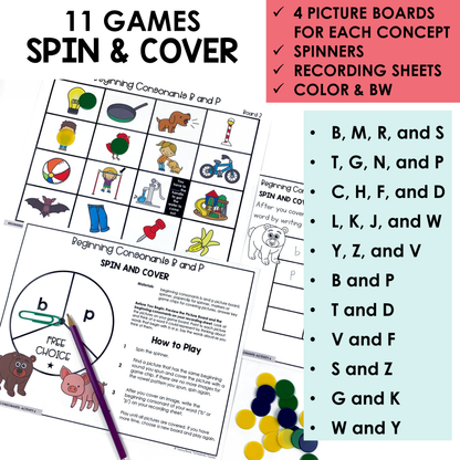 Spin and Cover educational game set with picture boards, spinners, and recording sheets for helping students practice beginning consonant sounds.