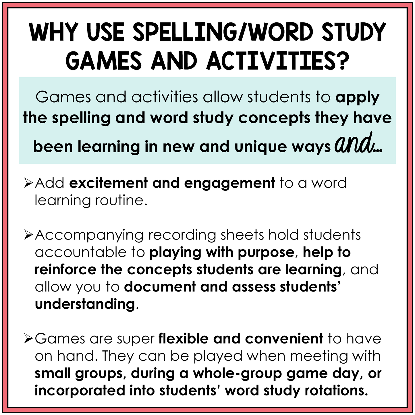 Text explaining the benefits of spelling/word study games and activities in the classroom.