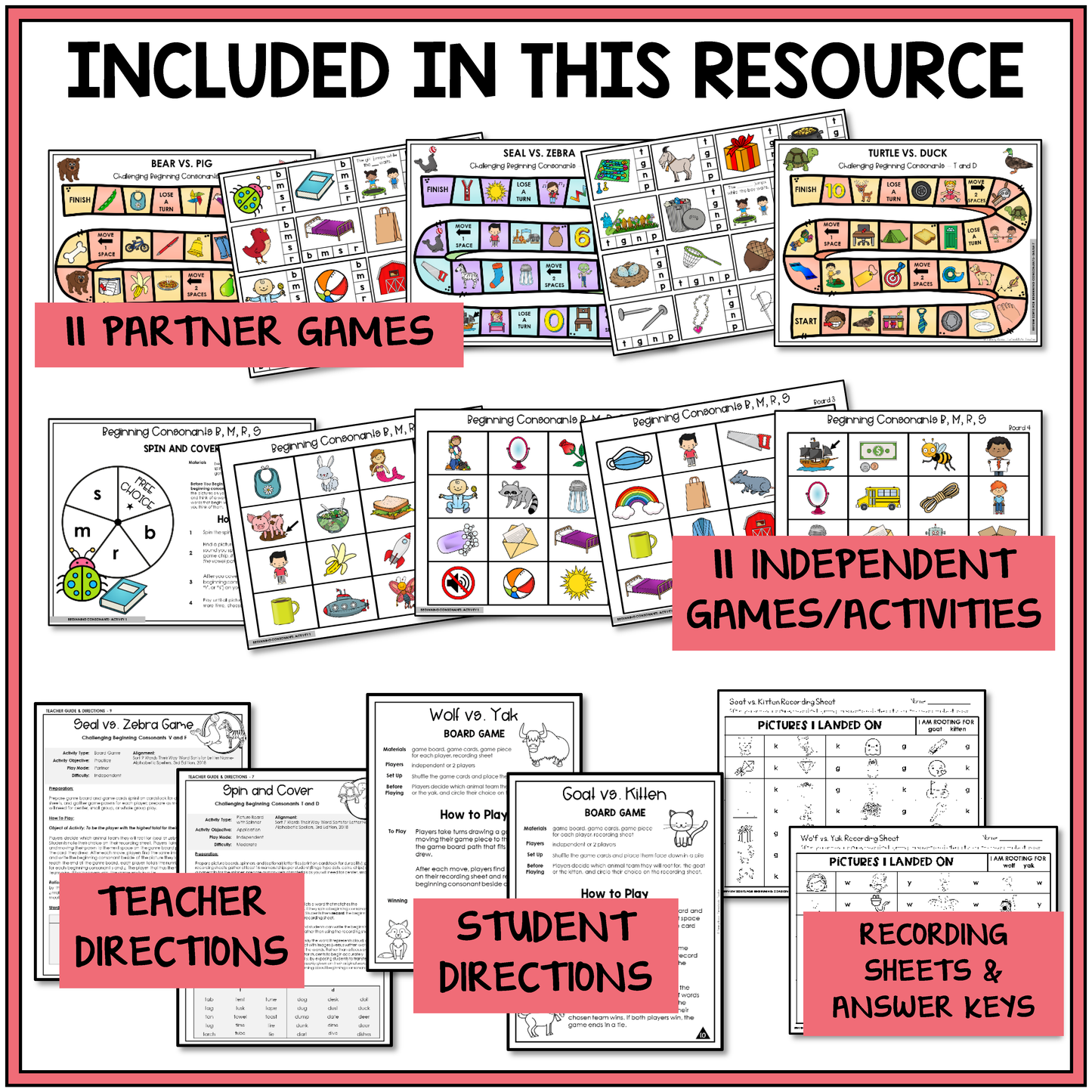 Educational materials including partner games, independent activities, teacher and student directions, and recording sheets for helping students practice spelling words with beginning consonant sounds.