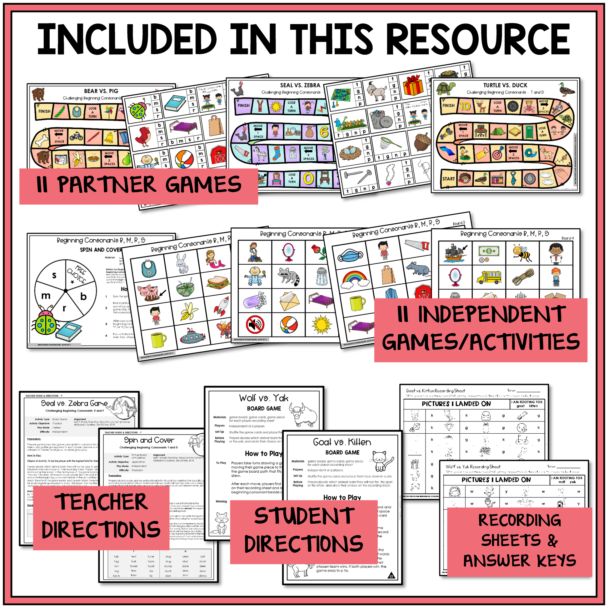 Educational materials including partner games, independent activities, teacher and student directions, and recording sheets for helping students practice spelling words with beginning consonant sounds.