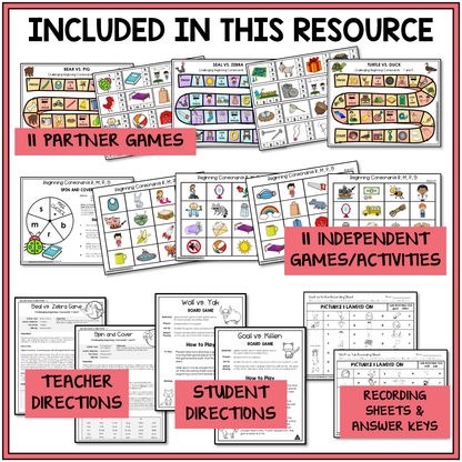Educational materials including partner games, independent activities, teacher and student directions, and recording sheets for helping students practice spelling words with beginning consonant sounds.