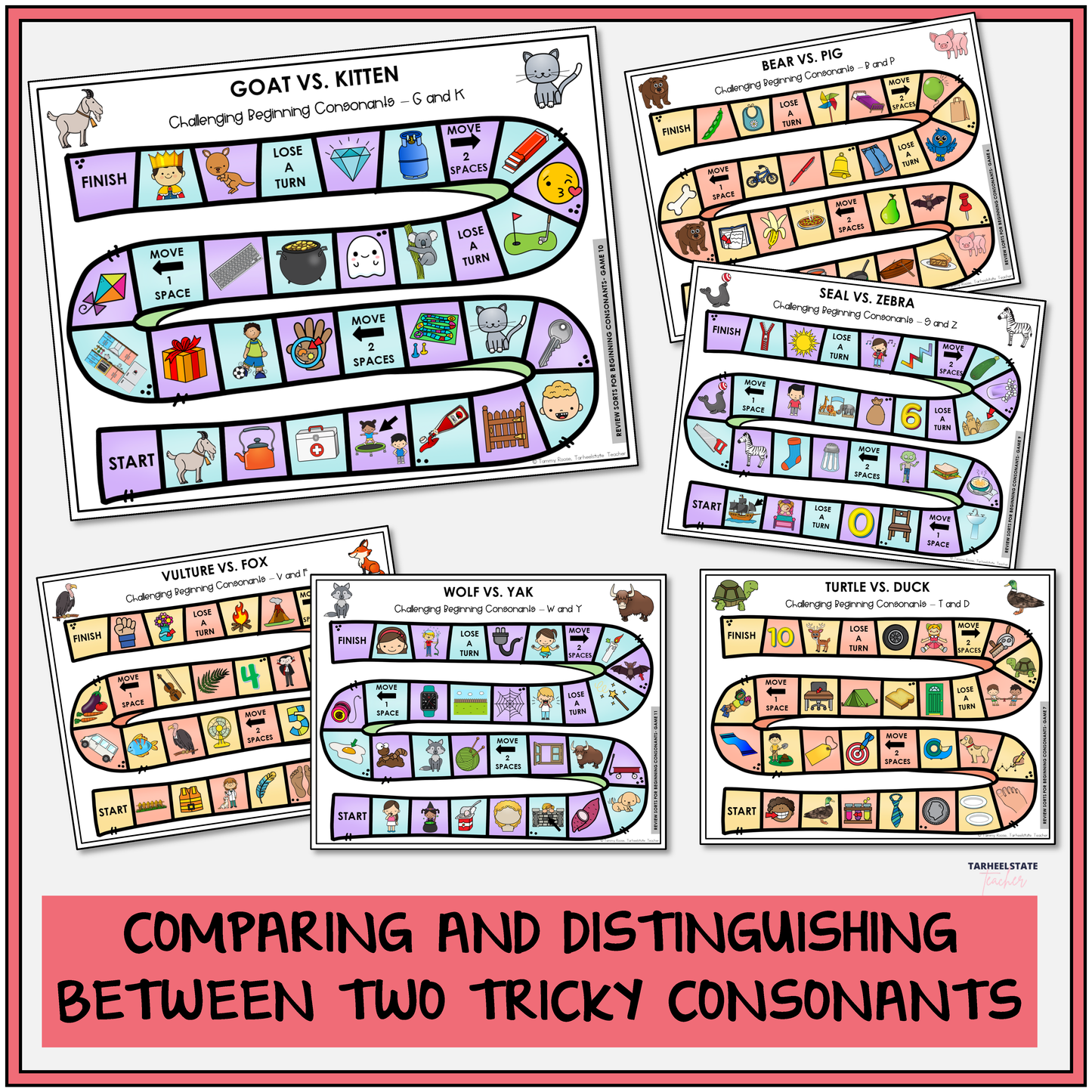 Educational board games comparing and distinguishing between two tricky consonants.