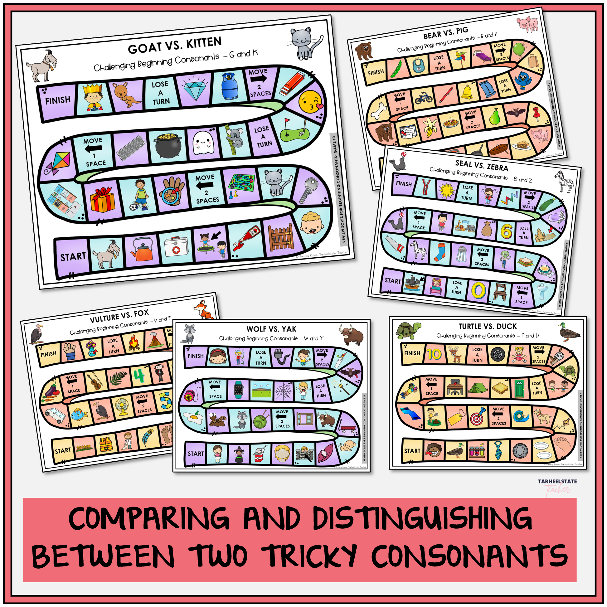 Educational board games comparing and distinguishing between two tricky consonants.