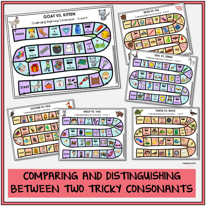 Educational board games comparing and distinguishing between two tricky consonants.