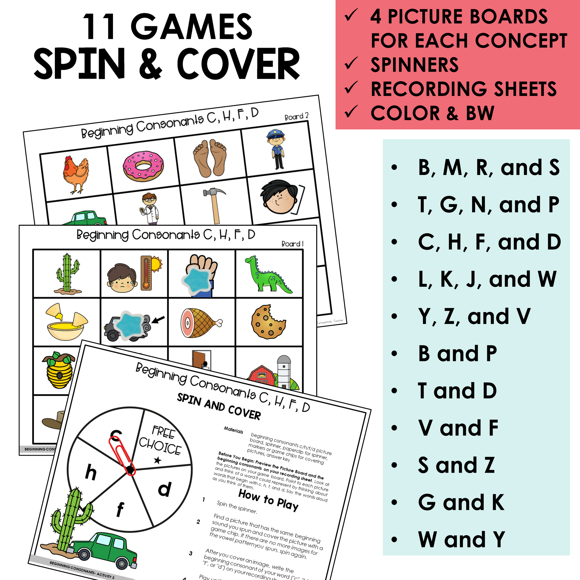 Spin and cover game set with picture boards, spinners, and recording sheets for educational purposes.