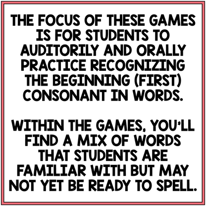 Text explaining the focus of educational games for recognizing beginning consonants.