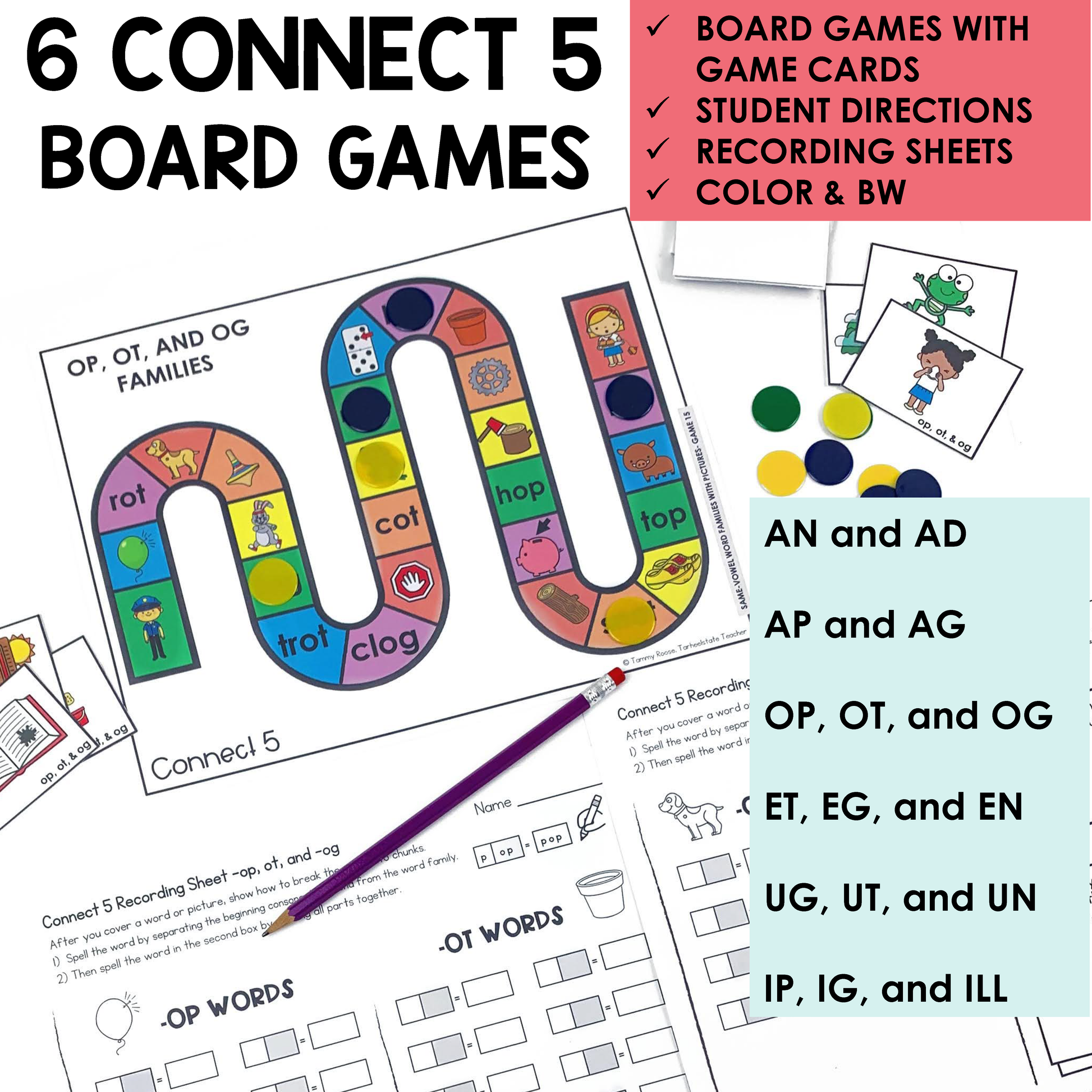 Connect 5 board games with game cards, student directions, and recording sheets to teach short vowel word families.