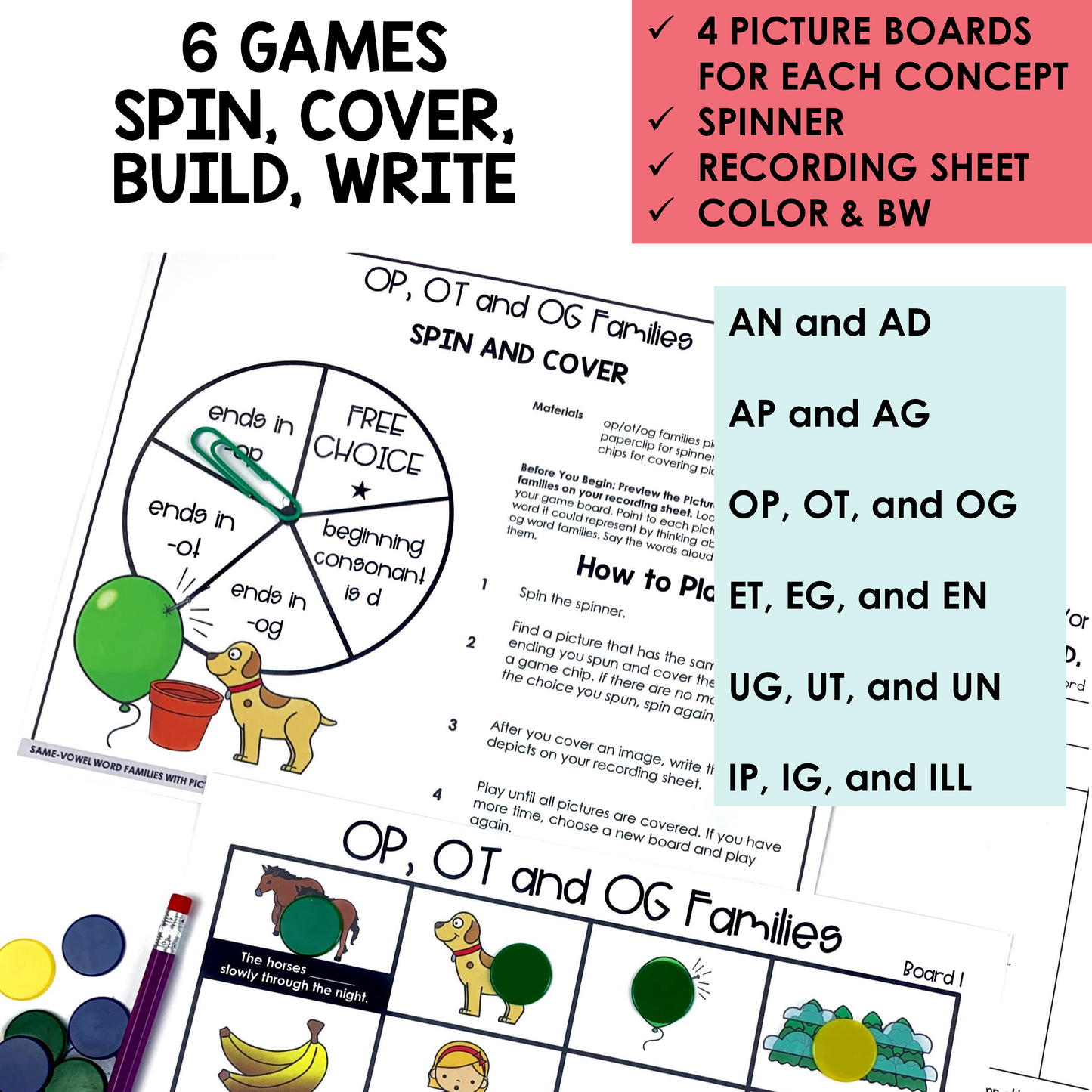 Engaging independent or partner games to help student practice spelling short vowel word families.