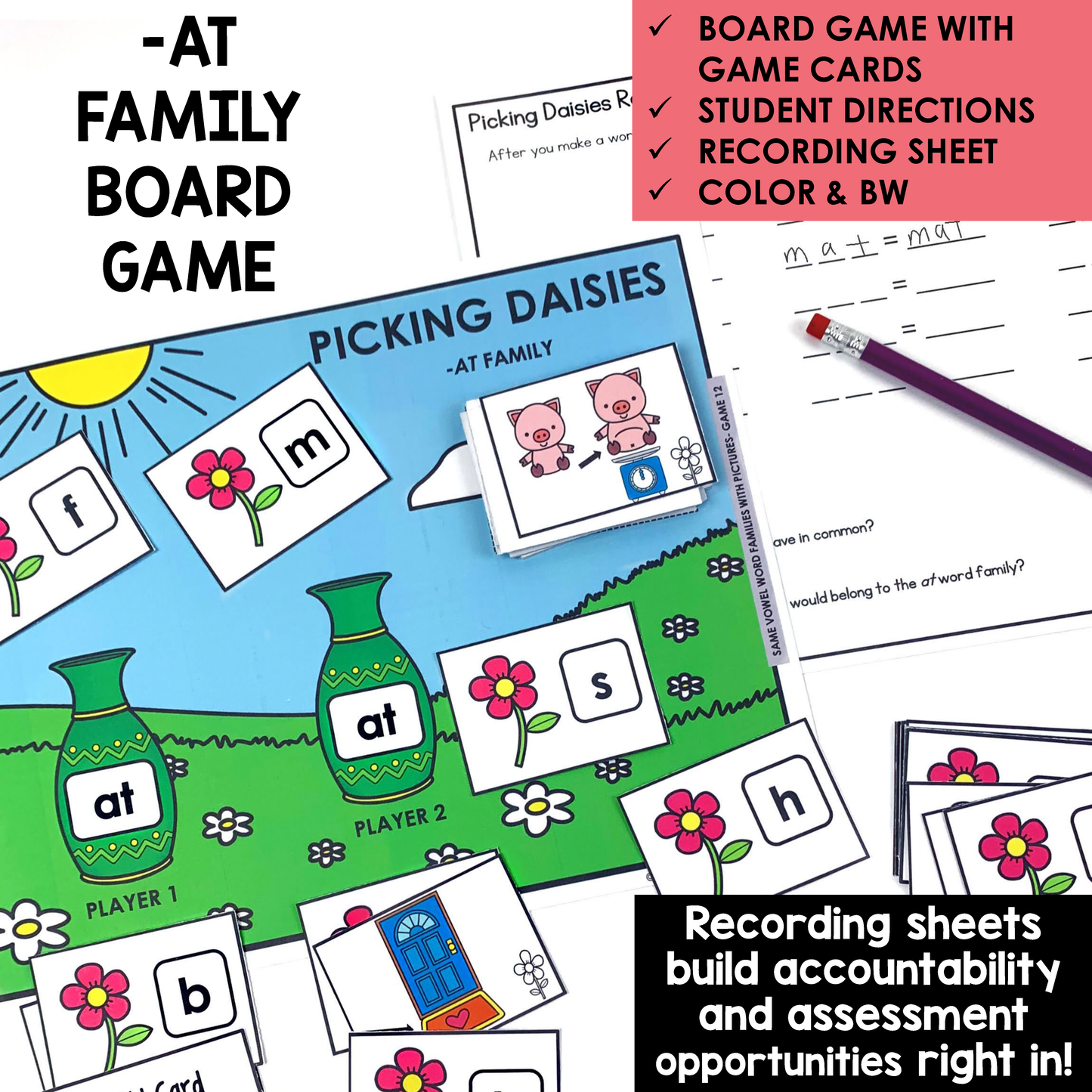 Educational board game with game cards and recording sheets for teaching short vowel word family phonics.