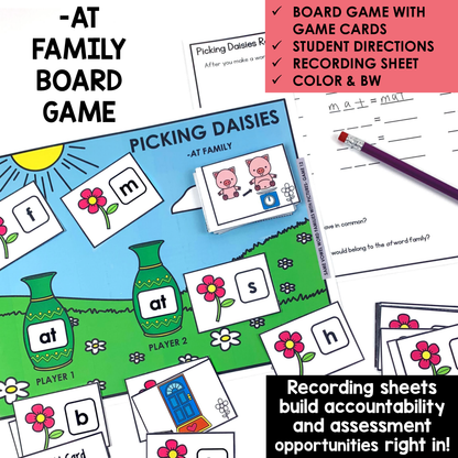 Educational board game with game cards and recording sheets for teaching short vowel word family phonics.