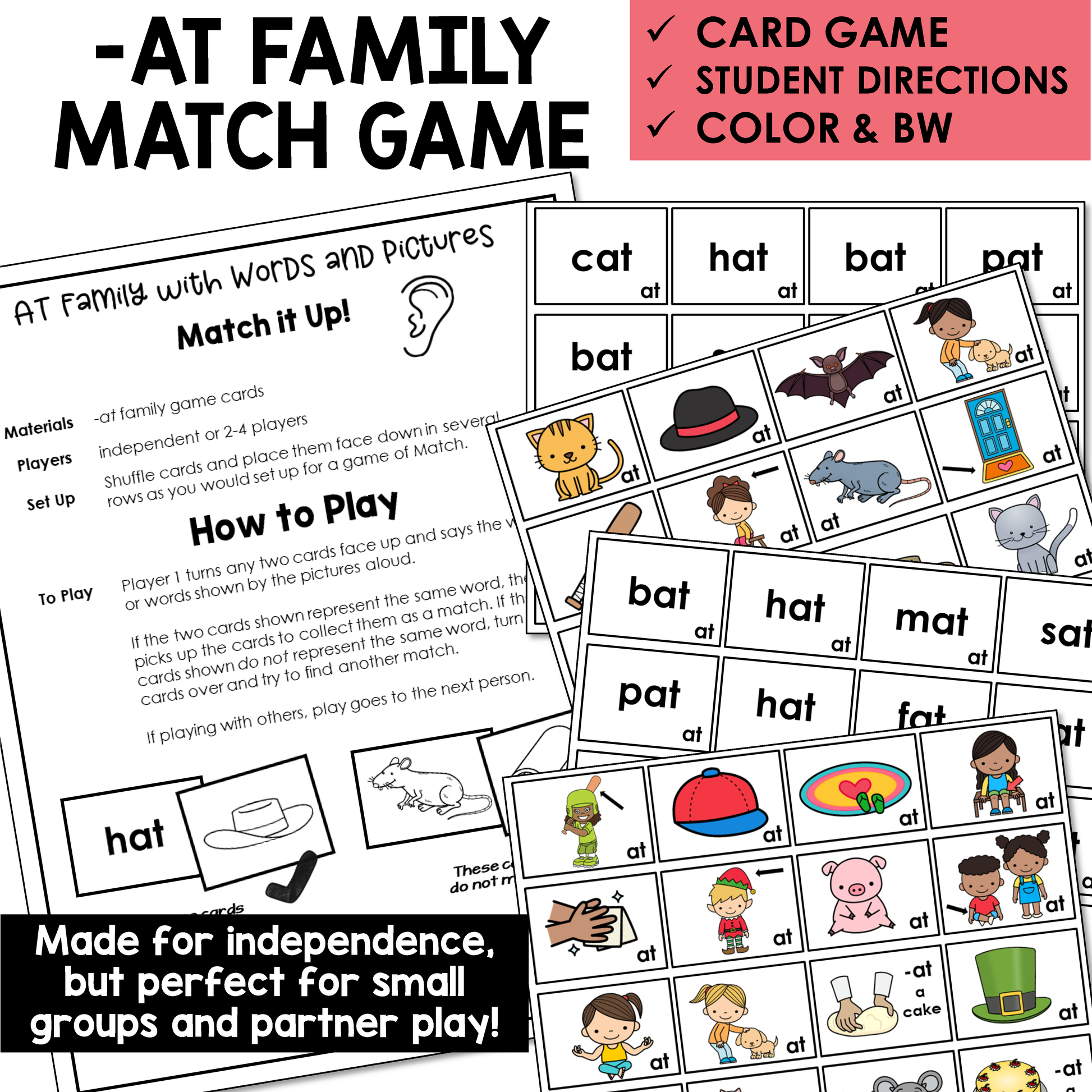 AT Word Family Match Game with cards and instructions for educational use.