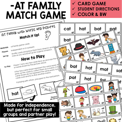 AT Word Family Match Game with cards and instructions for educational use.