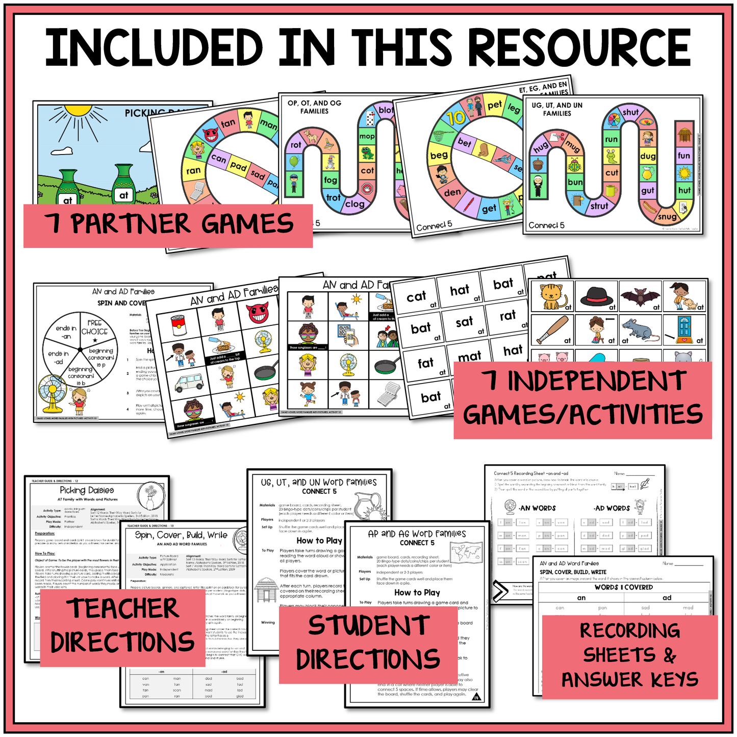 Educational resource with partner and independent games, teacher and student directions, and recording sheets for helping students practice spelling words with short vowel word families.