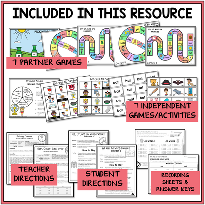Educational resource with partner and independent games, teacher and student directions, and recording sheets for helping students practice spelling words with short vowel word families.