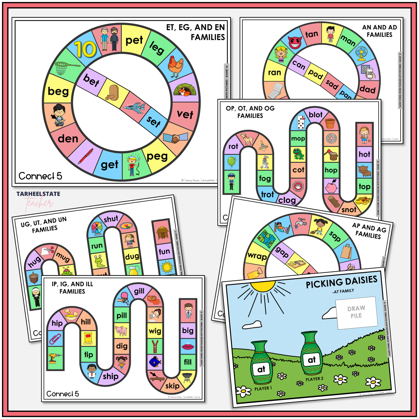 Educational game boards for teaching short vowel word families.