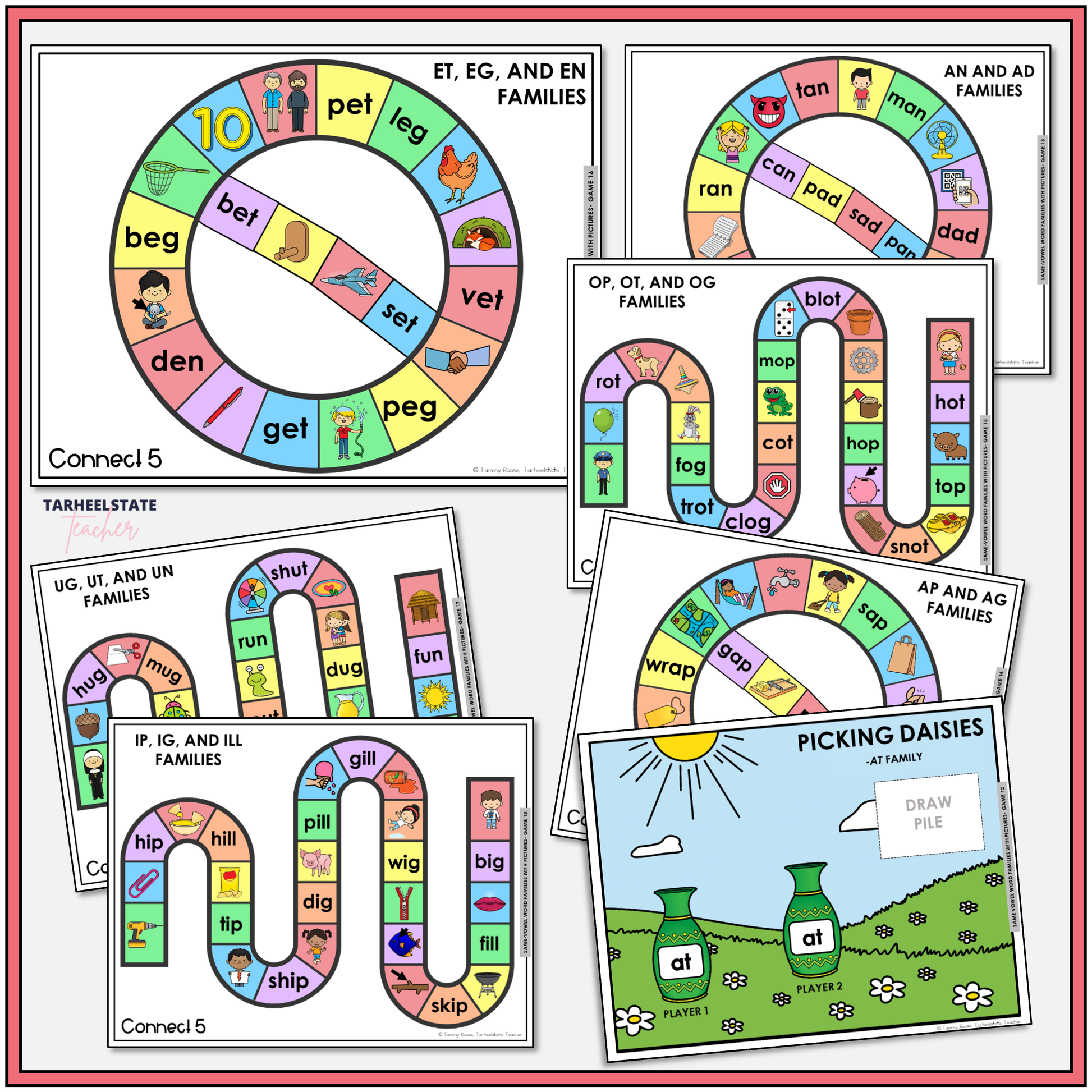 Educational game boards for teaching short vowel word families.