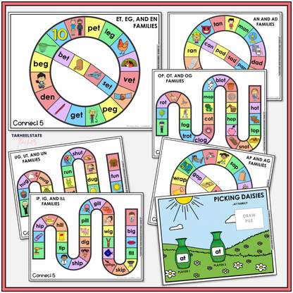 Educational game boards for teaching short vowel word families.