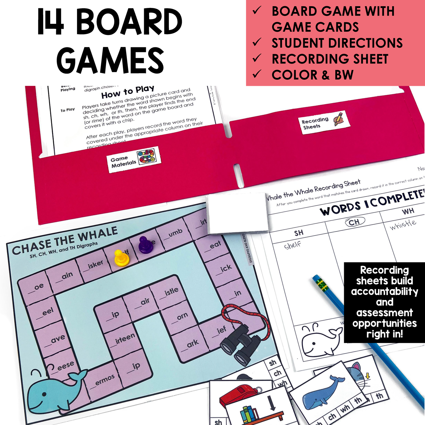 Educational board game set with game cards, directions, and recording sheets for teaching sh, ch, wh, and th digraphs.