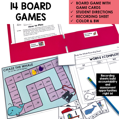 Educational board game set with game cards, directions, and recording sheets for teaching sh, ch, wh, and th digraphs.