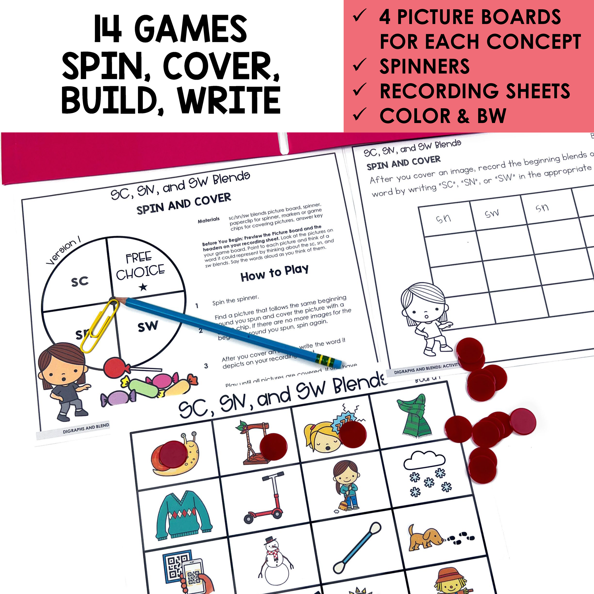 Educational game materials for teaching SC, SN, and SW blends with picture boards, spinners, and recording sheets.