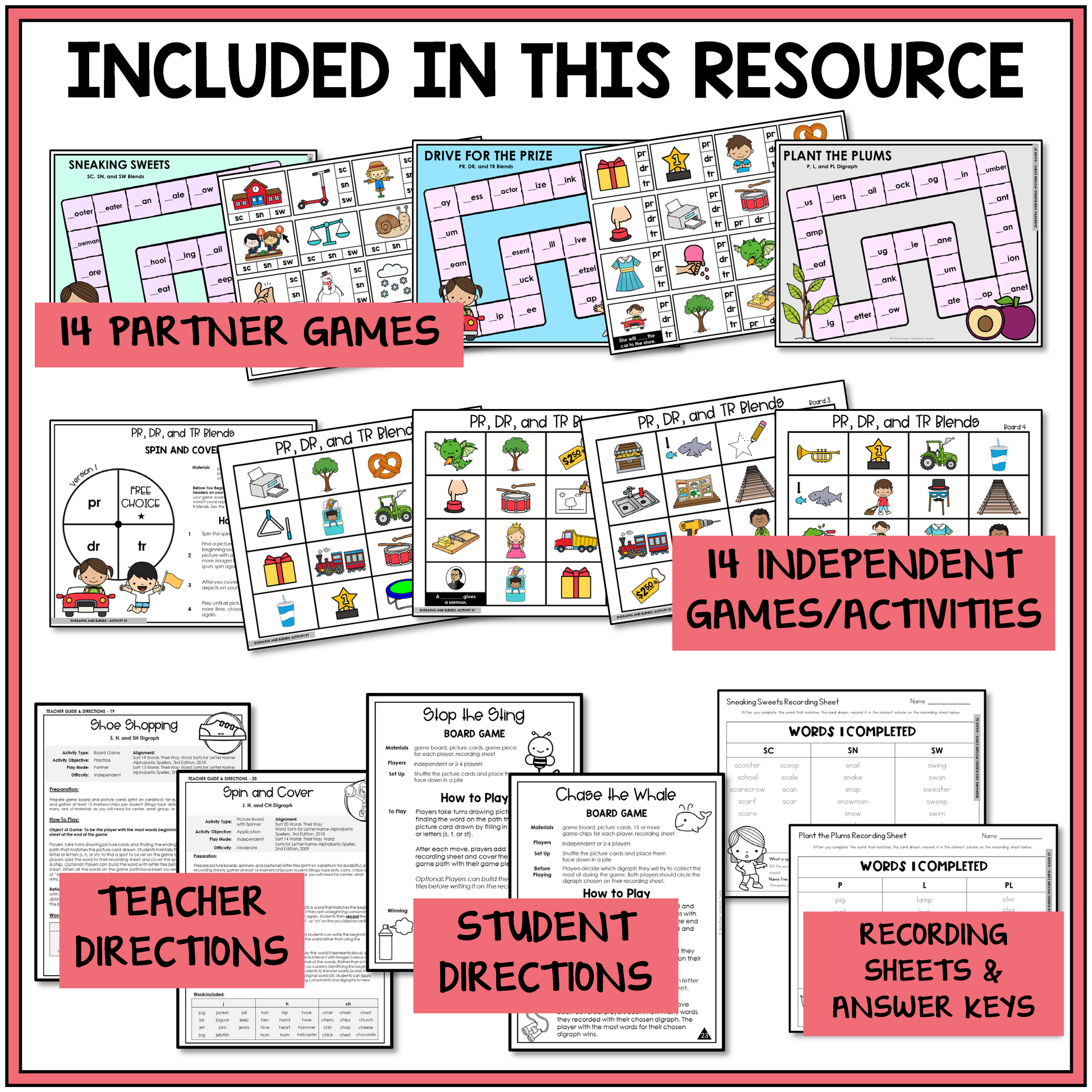 Educational resource with partner and independent games, teacher and student directions, and recording sheets for supporting students with beginning digraphs and blends in the Letter Name-Alphabetic Stage.