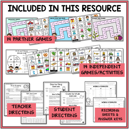 Educational resource with partner and independent games, teacher and student directions, and recording sheets for supporting students with beginning digraphs and blends in the Letter Name-Alphabetic Stage.