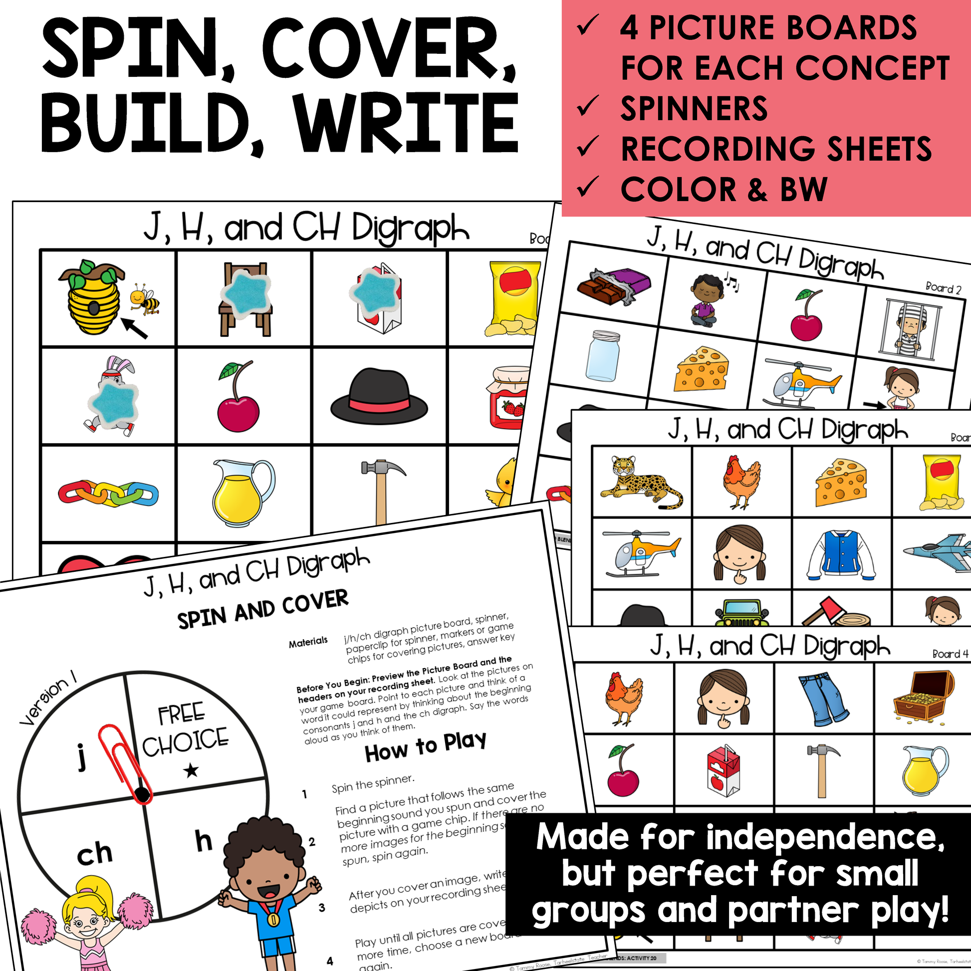 Educational materials for teaching J, H, and CH digraphs with picture boards, spinners, and recording sheets.
