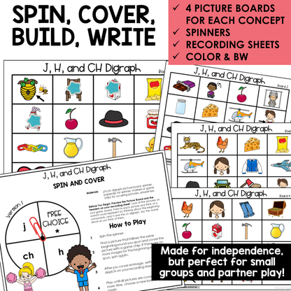 Educational materials for teaching J, H, and CH digraphs with picture boards, spinners, and recording sheets.