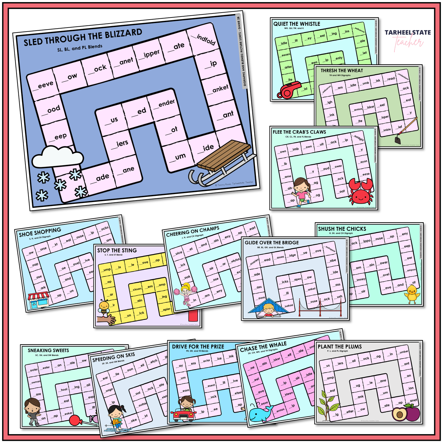 Collection of educational games included in the Digraphs and Blends Letter Name-Alphabetic games bundle.
