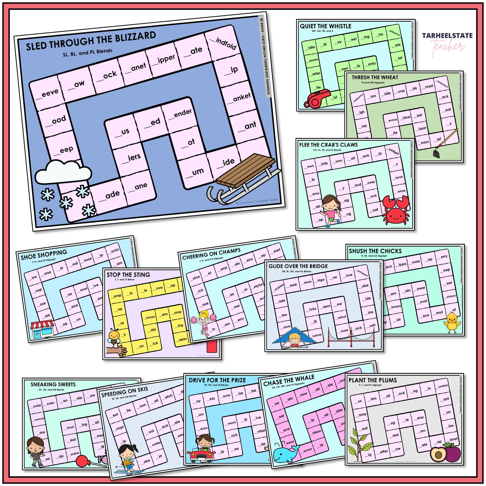 Collection of educational games included in the Digraphs and Blends Letter Name-Alphabetic games bundle.