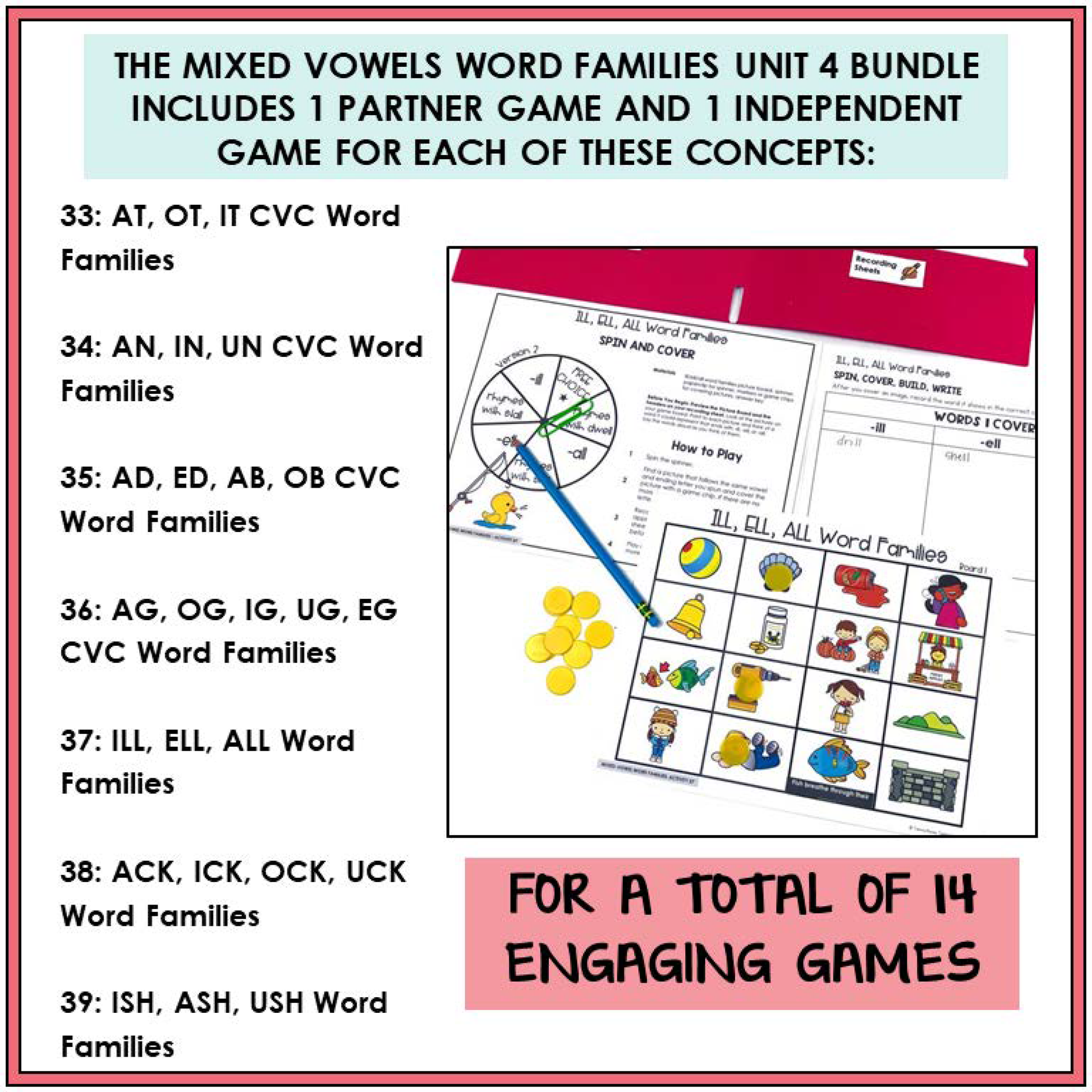 Educational materials for teaching CVC word families with games and activities.