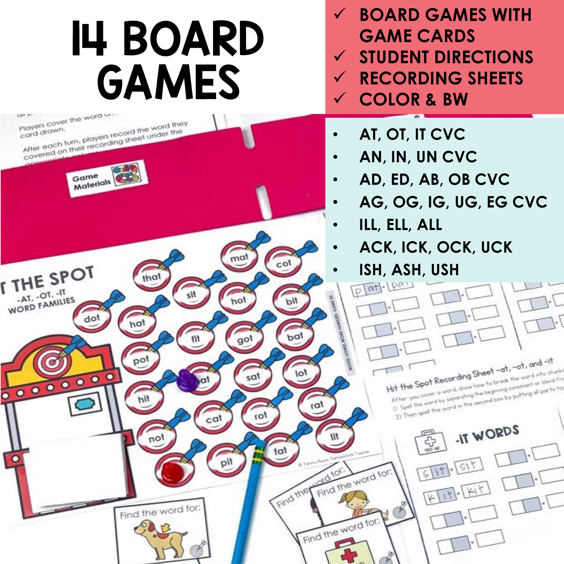 Educational board games and materials for teaching phonics with game cards, directions, and recording sheets.