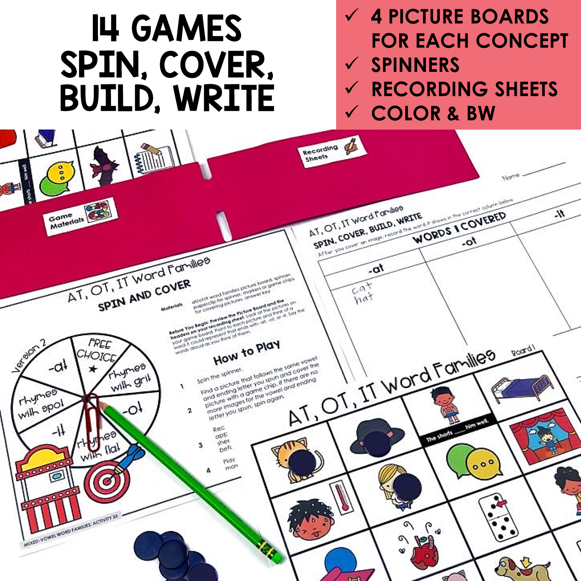 Educational materials for word families with game boards, spinner, and recording sheets.
