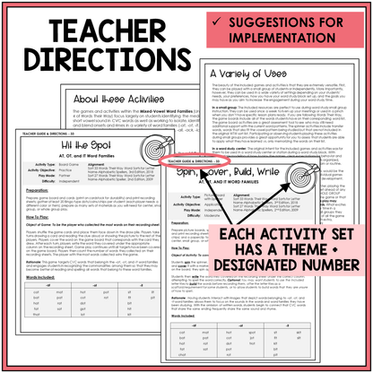 Teacher directions and activity suggestions for teaching mixed vowel word families.