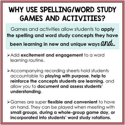 Text explaining the benefits of implementing spelling/word study games and activities in the classroom.