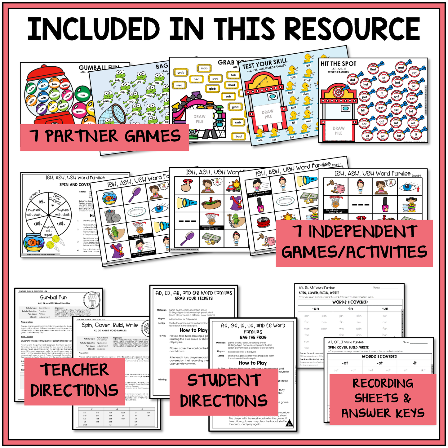Educational resource with partner and independent games for teaching mixed vowel word families, teacher and student directions, and recording sheets.