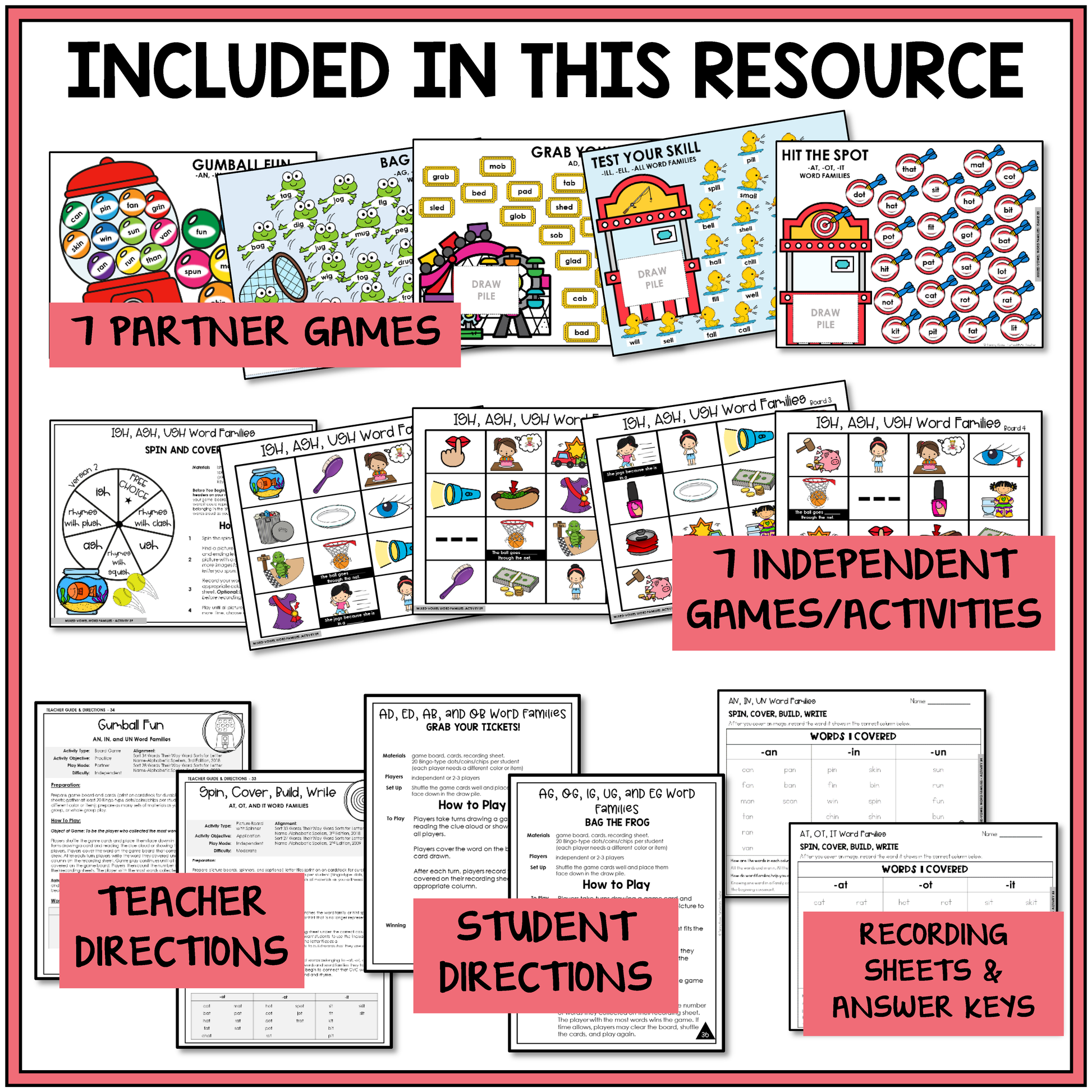 Educational resource with partner and independent games for teaching mixed vowel word families, teacher and student directions, and recording sheets.