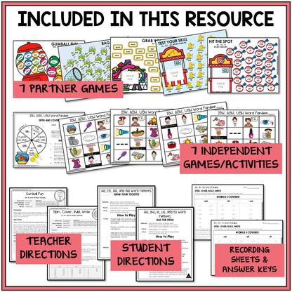 Educational resource with partner and independent games for teaching mixed vowel word families, teacher and student directions, and recording sheets.